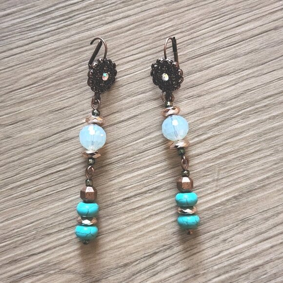 Southwest Beaded Necklace Earrings Set With Vtg Copper Pendant OOAK Handmade 23" - Picture 7 of 11